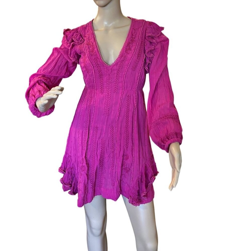 Free People Isabella Magenta Dress Size 4 Fit & Flare Ruffle Lace Romantic Boho